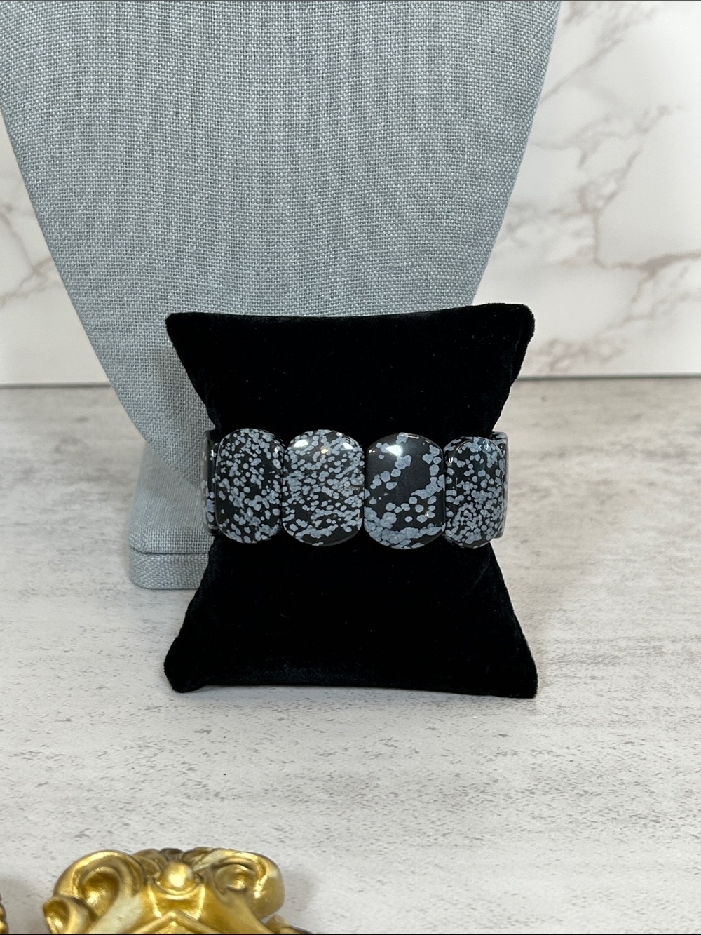 Snowflake Obsidian Stretch Bracelet - Black and Gray